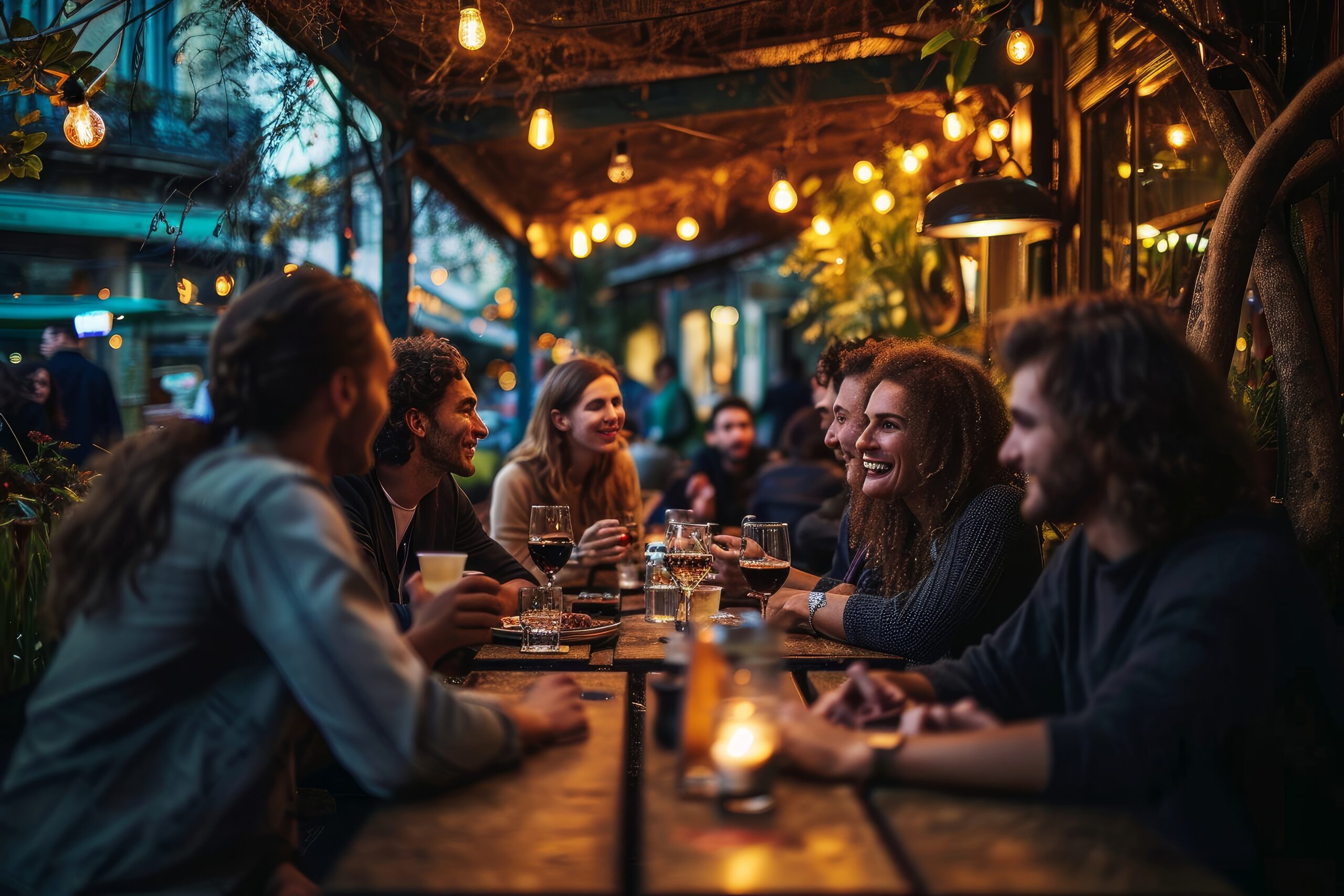 Millennial friends enjoying a fun-filled social gathering at an outdoor restaurant, sharing stories and laughter, Generative AI